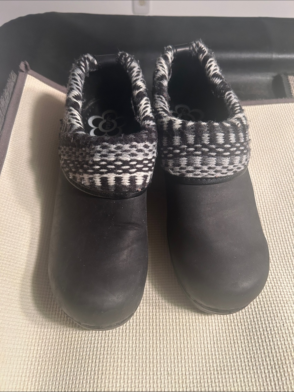 Sanita Black Clogs with Black-and-White Knit Collar
